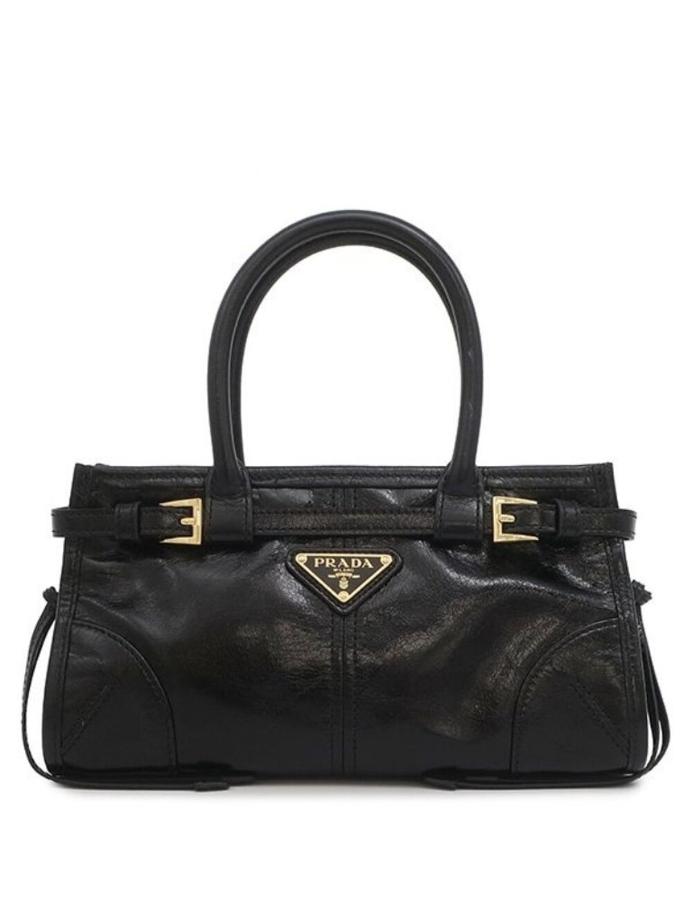 Prada 2-Way Bag Bonnie Mini Handbag Leather Black Gold Triangle Logo
